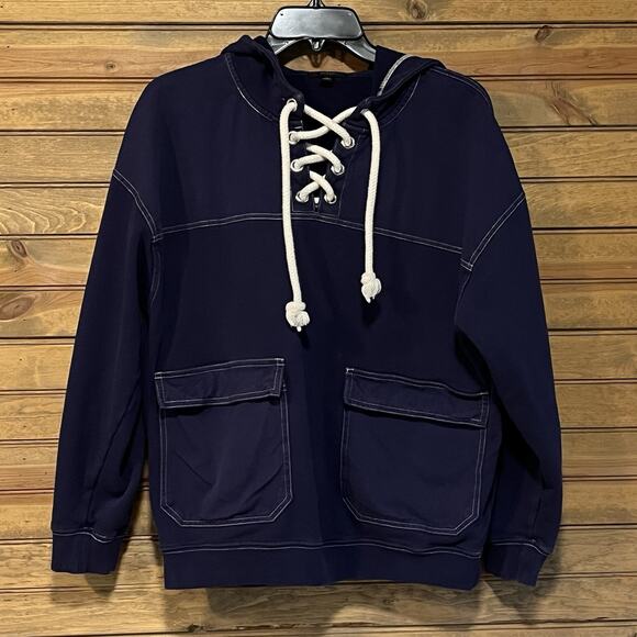 J Crew Lace-up Navy Blue Hoodie Pockets Size M Layers Boho Warm Nautical Beachy - Picture 13 of 13